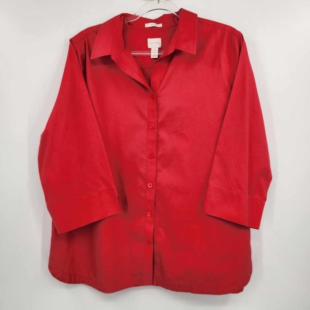 Chicos 3 Button Front Shirt Womens Size XL Pink 3/4 Sleeve No Iron